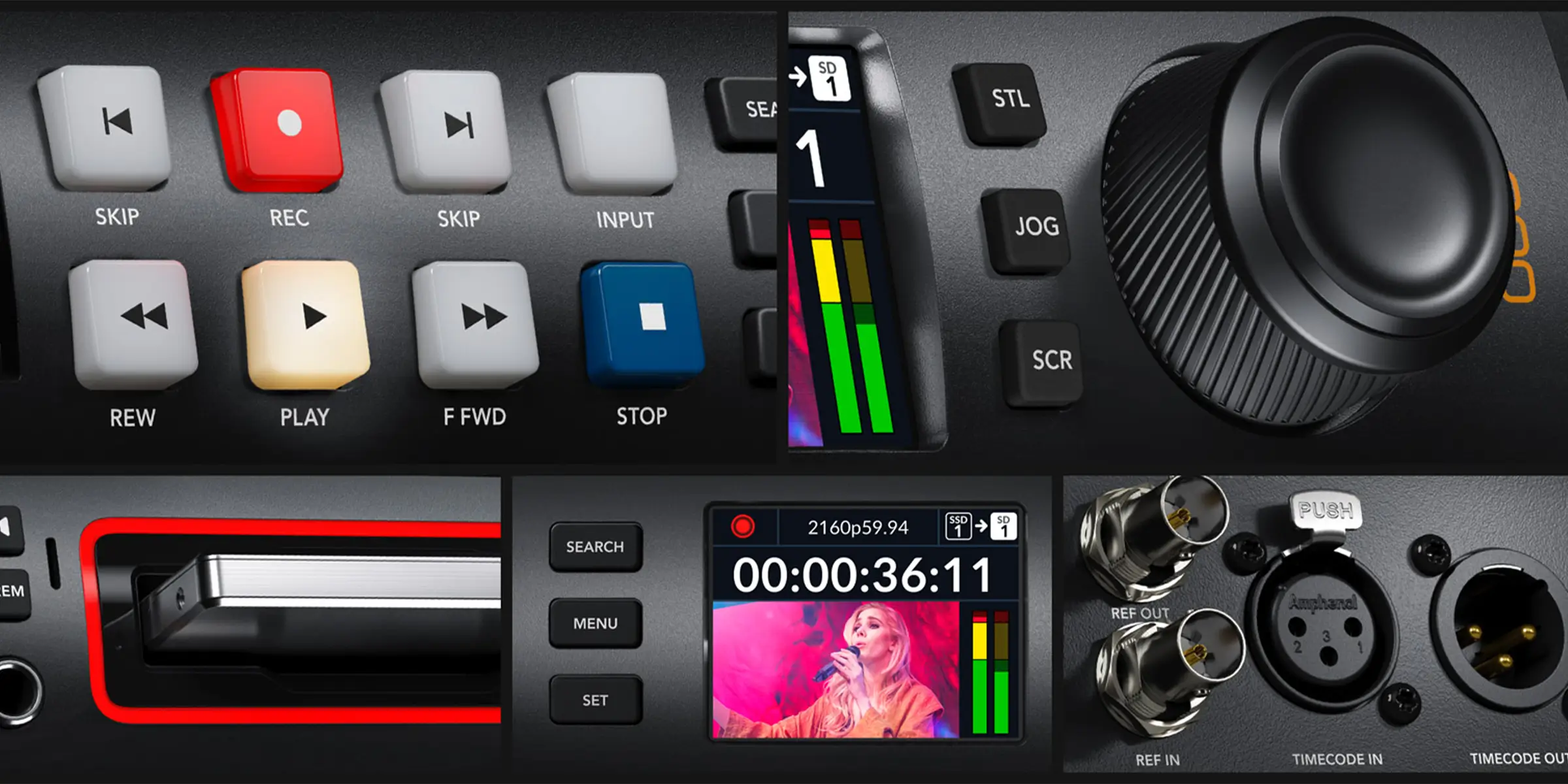 رکوردر تصویر حرفه ای بلک مجیک HyperDeck Studio HD Plus دارای کلیدهای پنل جلویی، اتصالات و مانیتور فوق العاده 