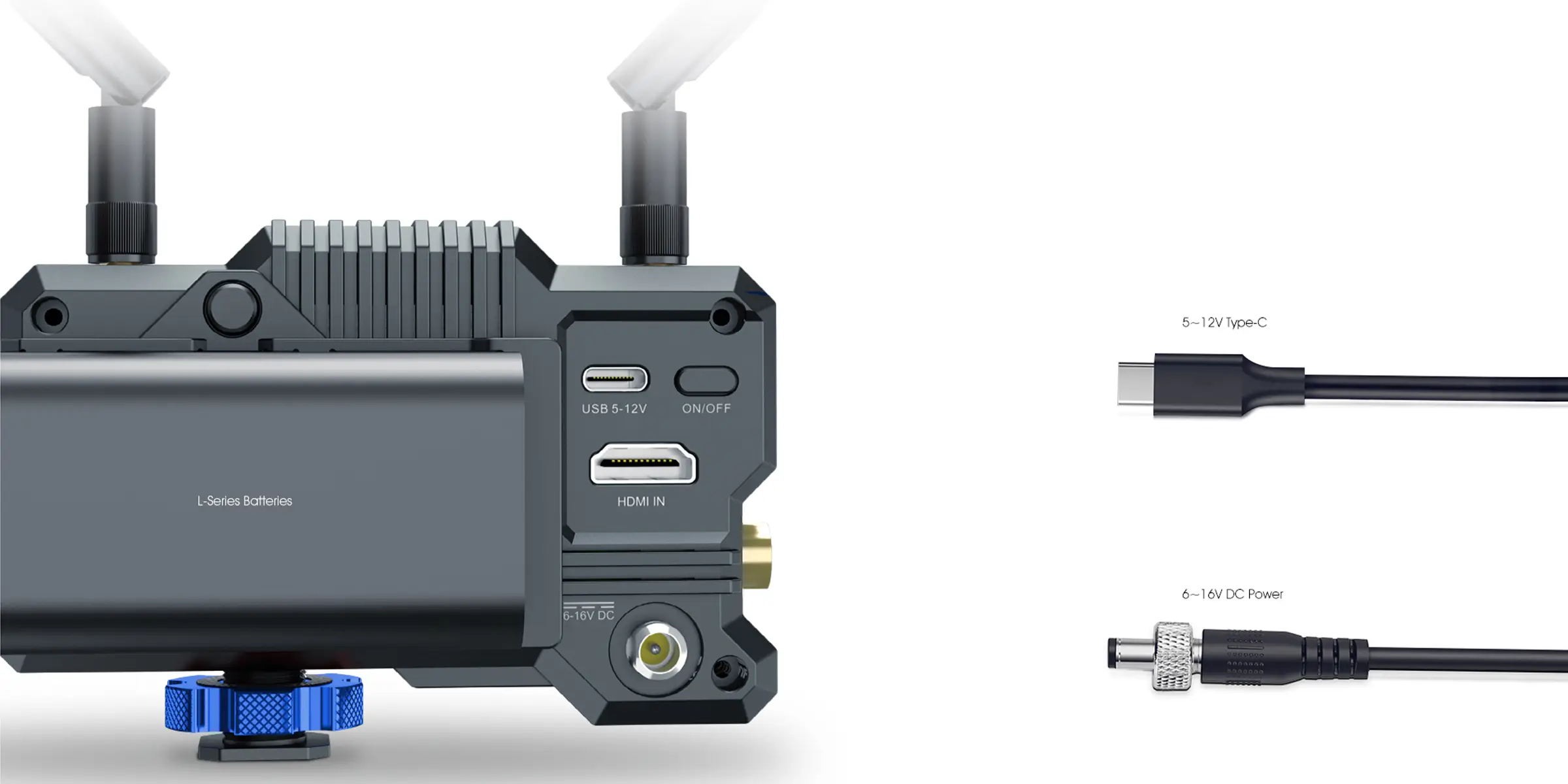 سه راه تامین برق فرستنده و گیرنده تصویر HDMI و SDI - اتصال از طریق آداپتور DC - استفاده از شارژ USB-C - اتصال باطری سری L